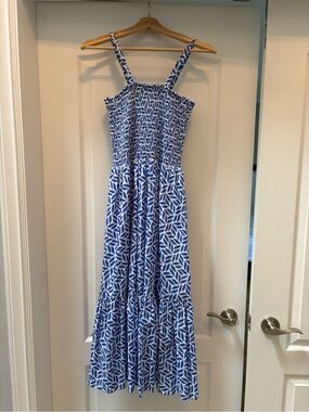 Ripe Blue and White Leaf-Print Smocked Maxi Dress